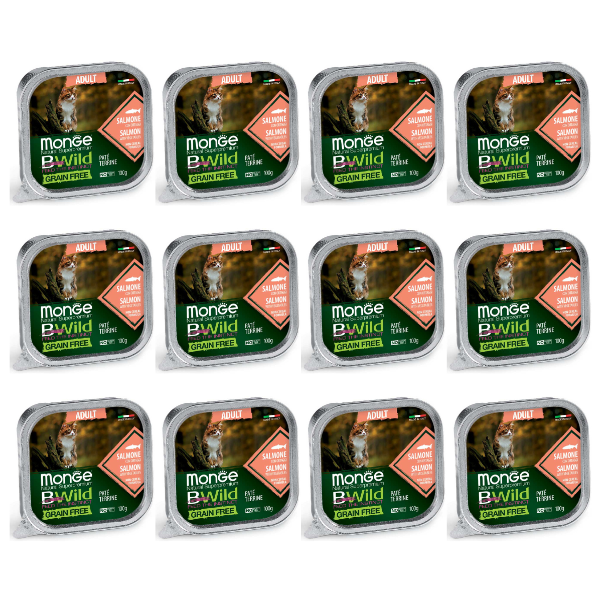 MONGE Natural BWild Adult Cat, cu Somon, Set Conserve Hrana Umeda Pentru Pisici (pateu fin), 12x100g