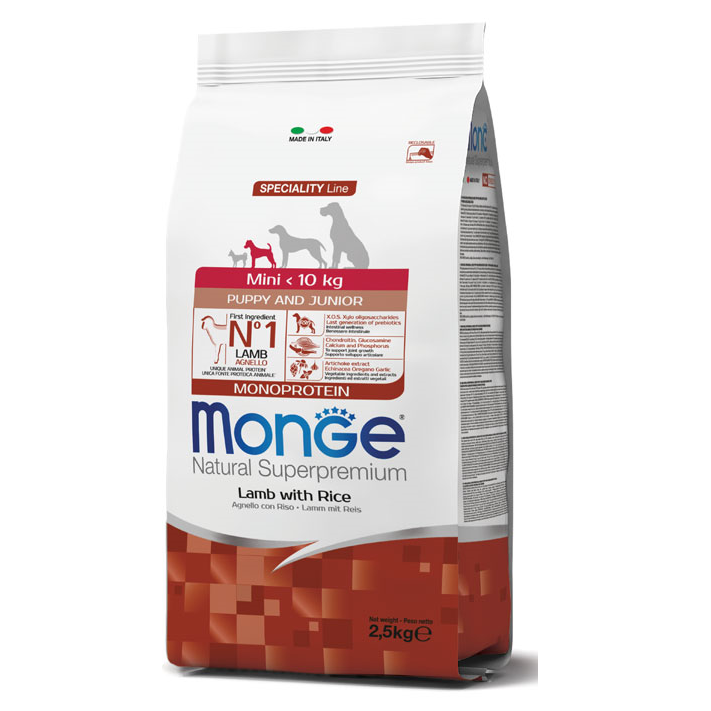 MONGE NATURAL Puppy & Junior Mini, Miel, Hrana Uscata Monoproteica Caine Junior, Digestie Optima 2.5kg