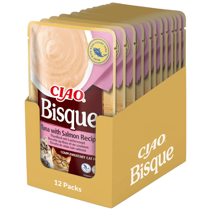 CIAO CHURU Bisque Cat Food Piure Fin de Ton si Somon Box 12x40 g | Hrana Complementara Umeda pentru Pisici | Delicioasa si Sanatoasa, Fara Cereale, Topping Palatabil