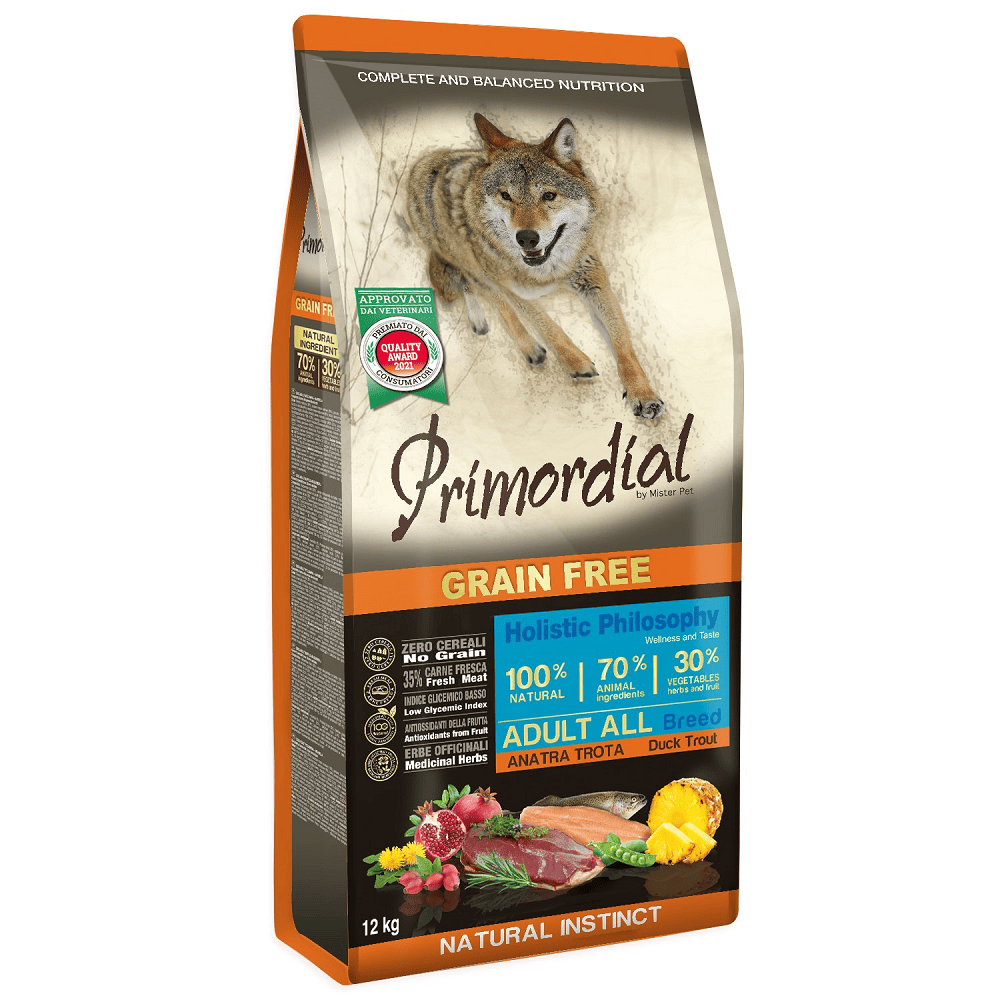 PRIMORDIAL Grain-Free Holistic Dog Adult Rata si Pastrav 12 kg | Hrana Uscata Fara Cereale pentru Caini Adulti | Digestie Echilibrata, Proteine Premium