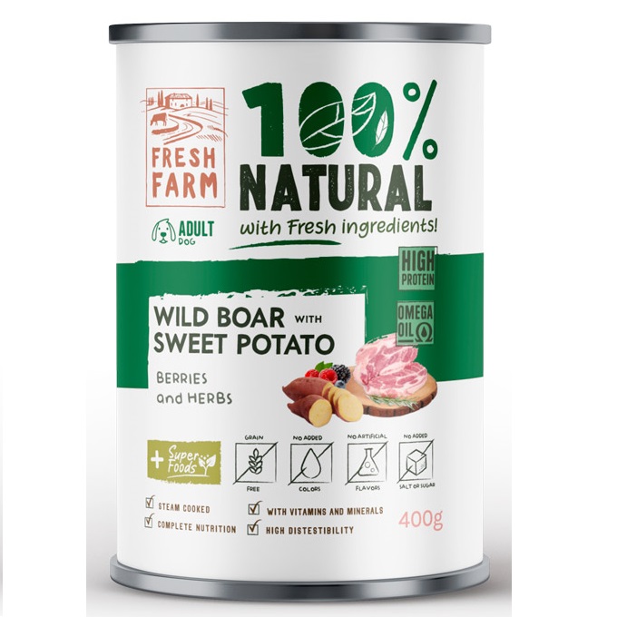 FRESH FARM Coarse Pate cu Mistret si Pui, 400 g - Hrana Umeda Fara Cereale pentru Caini, Reteta Gatita la Aburi cu Textura de Pate Grosier