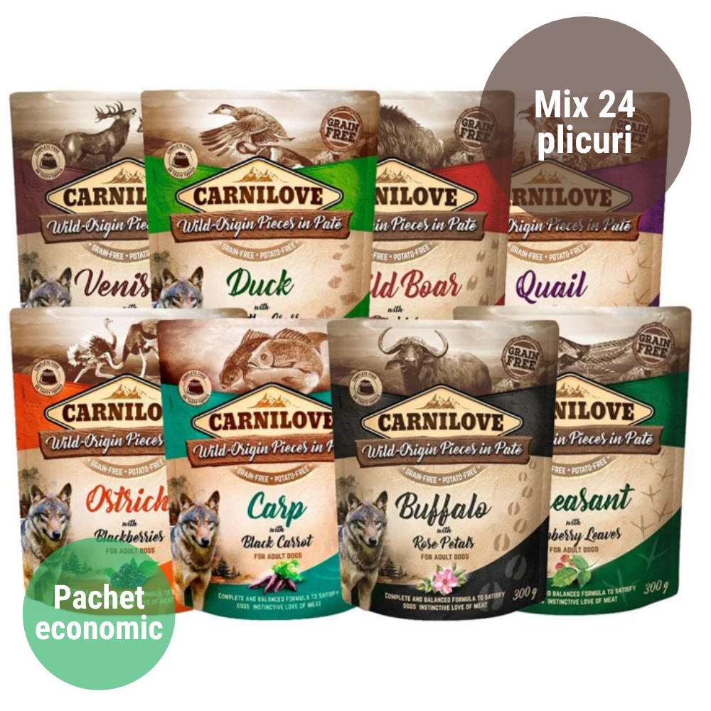 CARNILOVE Dog Pouch Mix Economic 24 × 300 g – Hrană Umedă Fără Cereale pentru Câini, Pachet Avantajos de Rețete Naturale cu Proteine din Ingrediente Atent Selecționate