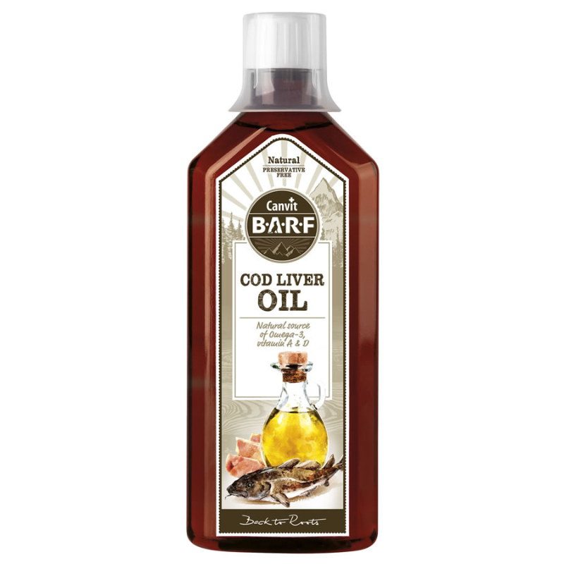 CANVIT BARF Cod Liver Oil, 500 ml– Ulei de Ficat de Cod pentru Câini și Pisici, Supliment Natural pentru Imunitate, Oase Puternice și Dinți Sănătoși, Bogat în Vitamine A și D