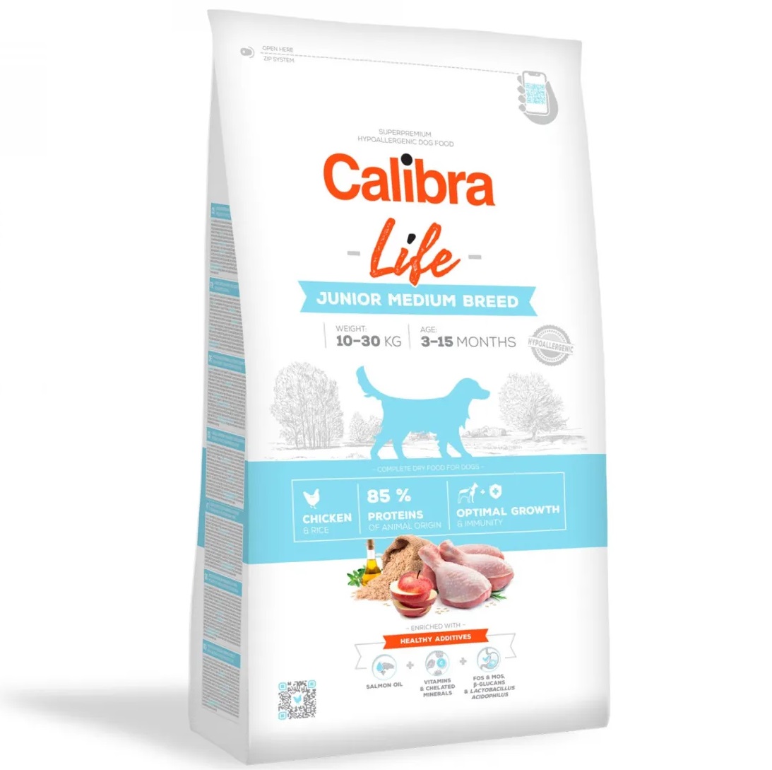 CALIBRA Dog Life Junior Medium Breed, cu Pui – Hrană Uscata Superpremium pentru Câini Juniori de Talie Medie, 2.5kg