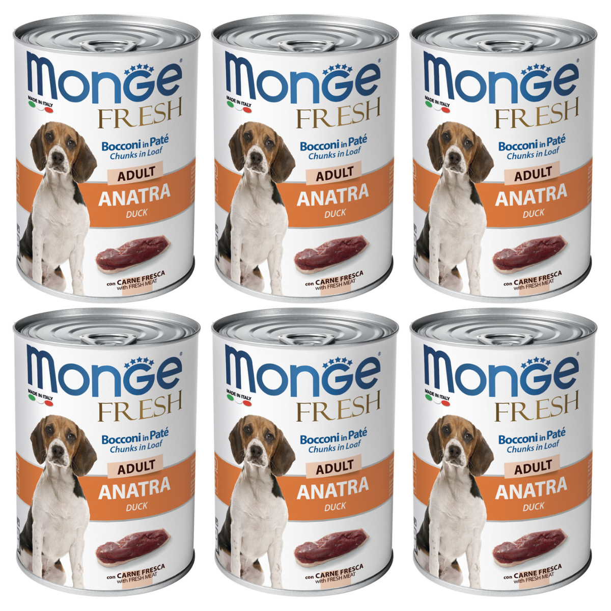 MONGE Fresh, cu Rata, Set Conserve Hrana Umeda Pentru Caini (pateu cu bucatele de carne), 6x400g