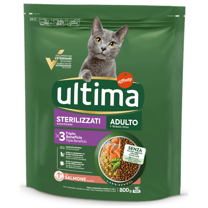 ULTIMA Cat Sterilized Adult Somon 800 g | Hrană Uscată pentru Pisici Adulte Sterilizate | Suport pentru Controlul Greutăţii şi Vitalitate