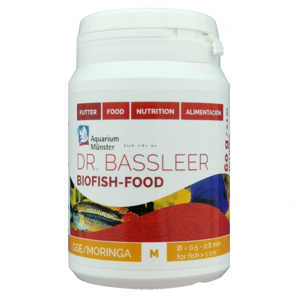 Aquarium Munster Dr. BASSLEER Food GSE / Moringa M, 60 g – Hrană Granulata Premium pentru Vitalitate și Susținerea Imunității la Peștii Ornamentali