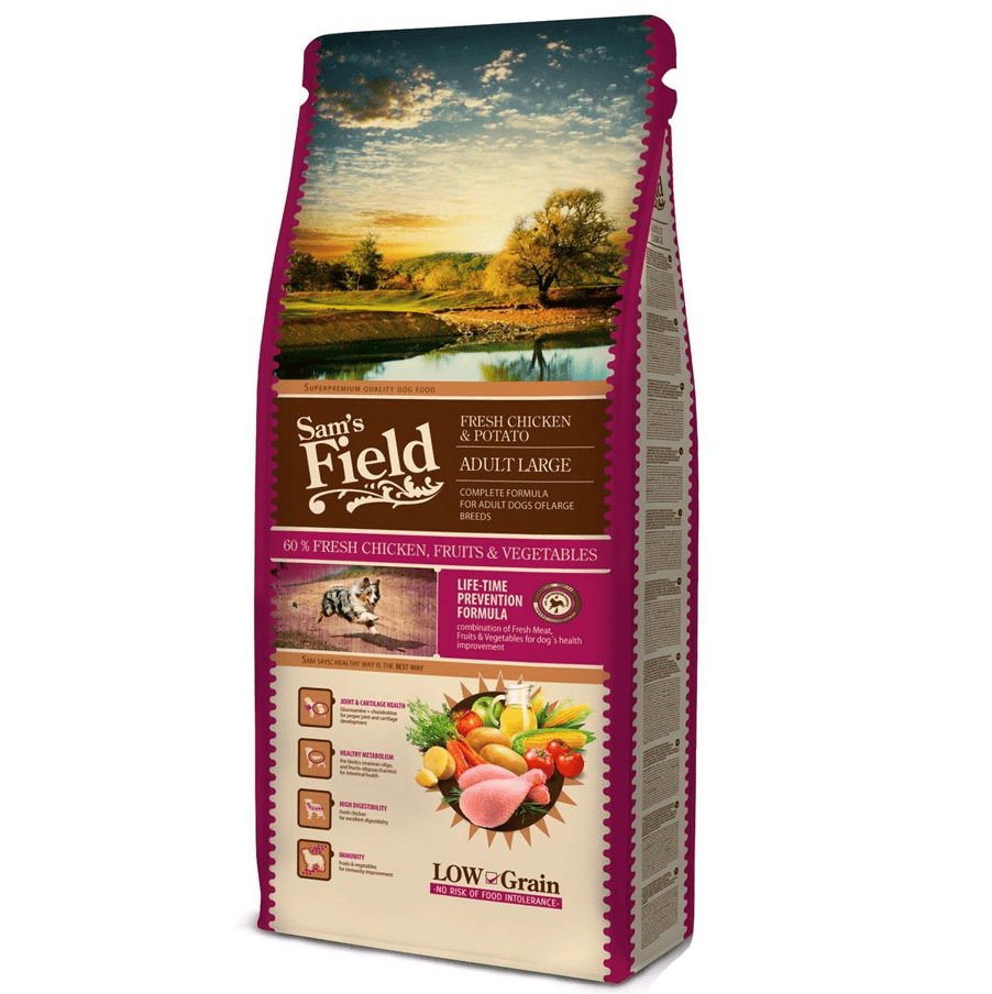 SAM'S FIELD Fresh Chicken & Potato Adult Large 13 kg | Hrana Uscata Super-Premium pentru Caini Adulti de Talie Mare | Formula Hipoalergenica cu Pui Proaspat, Cartofi, Fructe si Legume | Suport Articular si Digestie Usoara