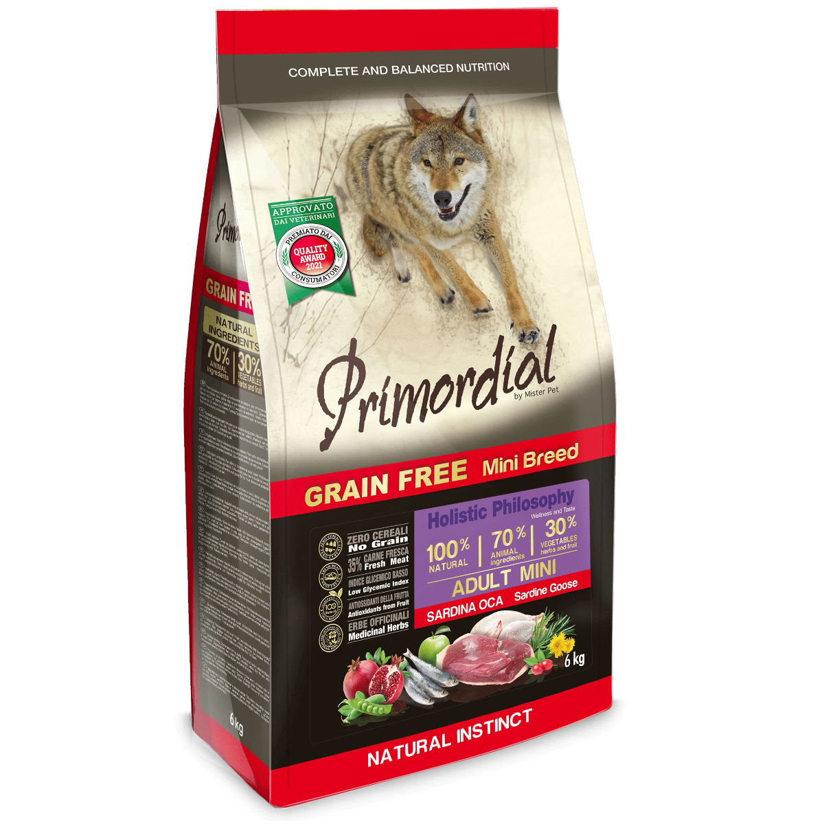 PRIMORDIAL Grain-Free Holistic Dog Adult Mini Sardine si Gasca 2 kg | Hrana Uscata Fara Cereale pentru Caini Adulti de Talie Mica | Blana Stralucitoare si Nutritie Echilibrata