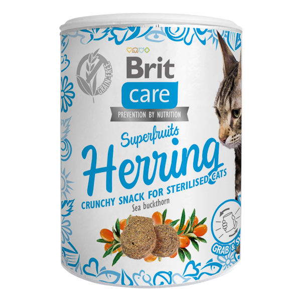 BRIT CARE Snack Superfruits cu Hering si Catina, Recompense Fără Cereale pentru Pisici Sterilizate, 100g