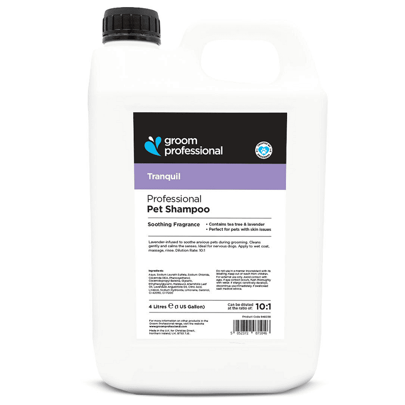 GROOM PROFESSIONAL Tranquil Shampoo 4 L | Sampon Profesional Concentrat (dilutie 10:1) cu Ulei de Arbore de Ceai si Lavanda pentru Caini | Curatare Delicata, Efect Calmant si Parfum Relaxant