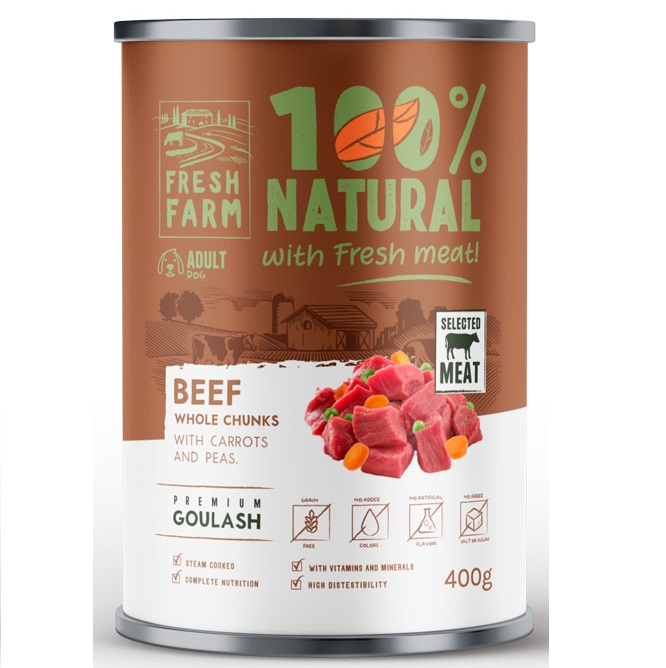 FRESH FARM Goulash cu Vita  (80%), Morcovi si Mazare Verde, 400 g - Hrana Umeda Fara Cereale pentru Caini, Reteta Gatita la Aburi
