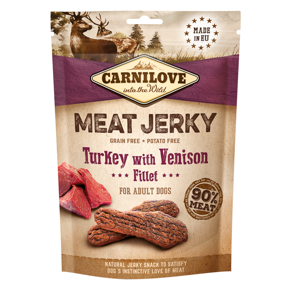 CARNILOVE Jerky Turkey with Venison Fillet 100 g – Recompense Naturale Fara Cereale pentru Caini, cu Carne de Curcan si File de Vanat, Gust Premium