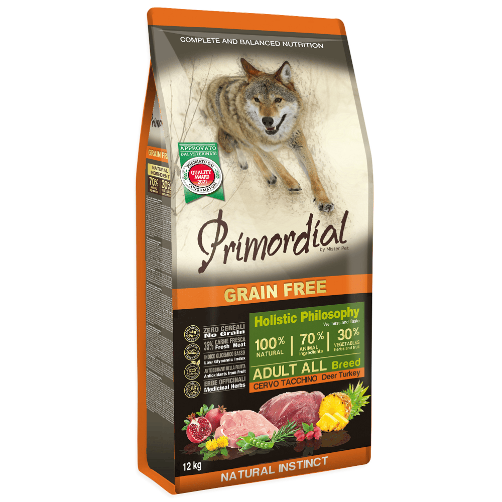 PRIMORDIAL Grain-Free Holistic Dog Adult Caprioara si Curcan 12 kg | Hrana Uscata Fara Cereale pentru Caini Adulti | Digestie Sanatoasa si Protectie Hepatica Naturala