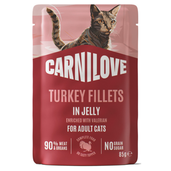 Carnilove Cat cu Curcan și Valeriană in Aspic 85 g | Hrană Umedă Completă Fără Cereale pentru Pisici Adulte