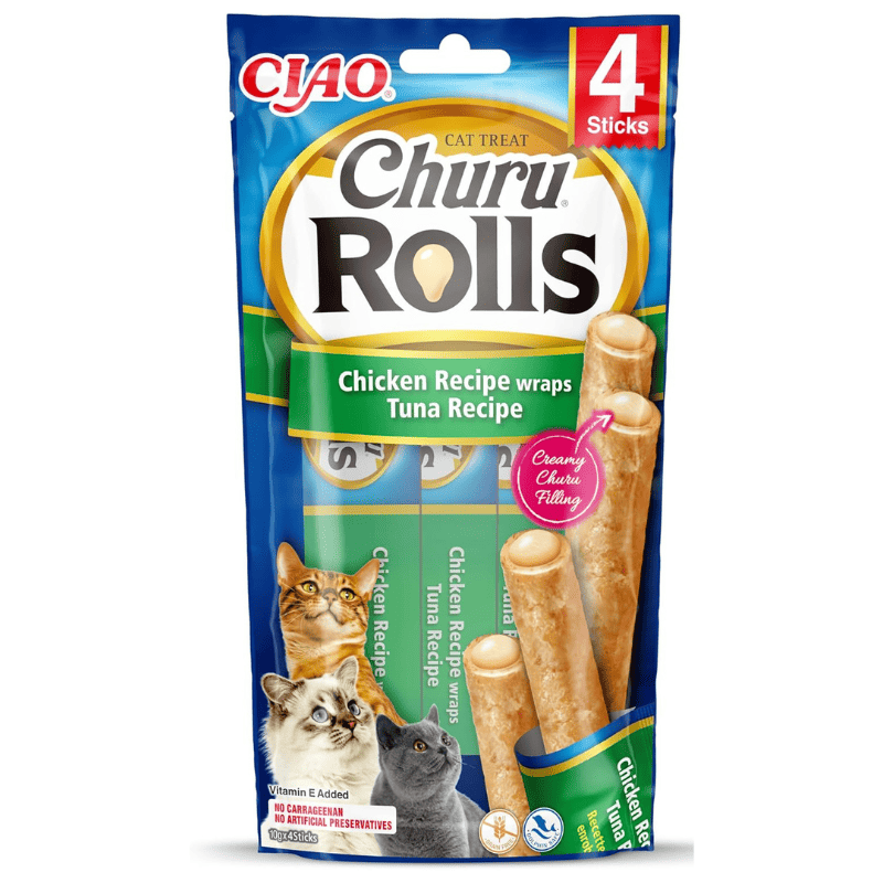 INABA Ciao Churu Rolls Chicken & Tuna 4x10 g | Recompense fara Cereale pentru Pisici | Pui si Ton | Betisoare cu Textura Moale si Umplutura Cremoasa
