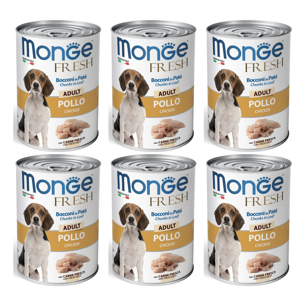 MONGE Fresh, cu Pui si Vegetale, Set Conserve Hrana Umeda Pentru Caini (pateu cu bucatele de carne), 6x400g