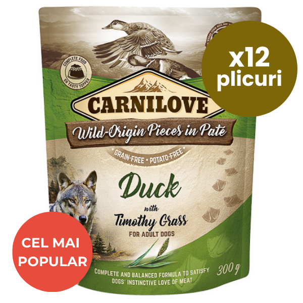 CARNILOVE Dog Pouch Pate Rață cu Timoftica Set 12x300 g – Hrană Umedă Fără Cereale pentru Câini, Proteine de Calitate și Digestie Sănătoasă