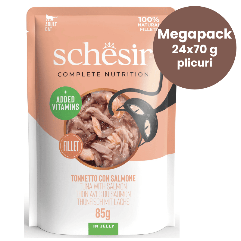 SCHESIR Cat Ton cu Somon in Aspic Megapack 24x85 g Plic | Hrana Umeda Completa pentru Pisici Adulte