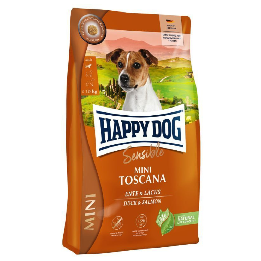 HAPPY DOG Sensible Mini Toscana, cu Rata si Somon – Hrană Uscată Fără Gluten, cu Conținut Redus de Grăsimi, pentru Câini Adulti de Talie Mica Supraponderali | Sterilizati, 4kg