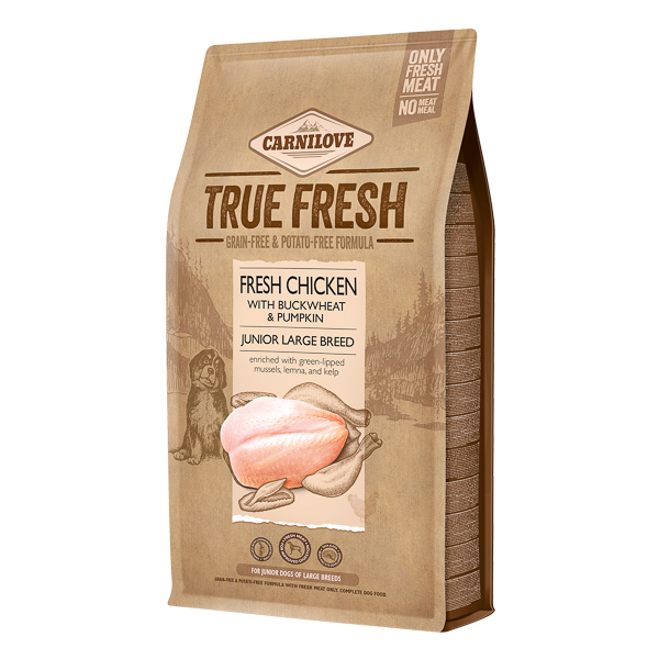 CARNILOVE True Fresh Junior Large Breed cu Pui și Midii Verzi, 4 kg – Hrană Uscată fără Cereale pentru Caini Juniori de Talie Mare, Dezvoltare Sănătoasă și Mobilitate