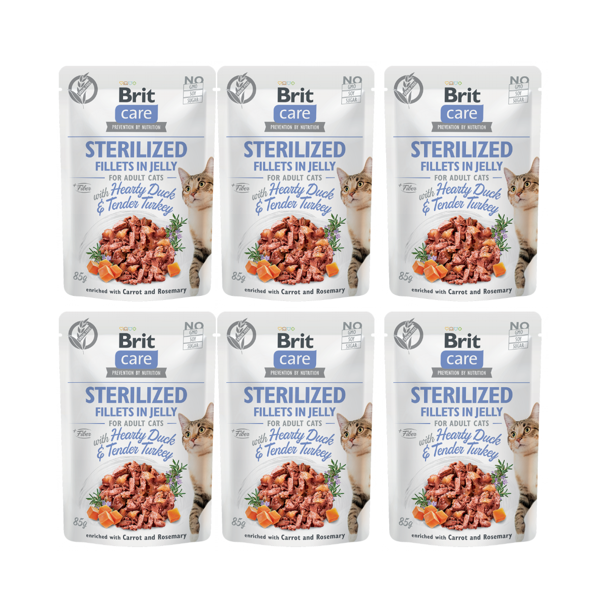 BRIT CARE Sterilized Fillet in Jelly, cu Rata si Curcan, Set Plicuri Hrana Umeda, Fara Cereale,  Pisici Sterilizate (file in aspic) 6x85g