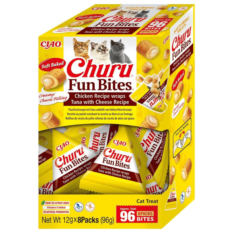 INABA Churu Fun Bites Chicken wraps Tuna with Cheese 8x12 g | Recompense pentru Pisici cu Pui, Ton si Branza | Exterior Fraged si Umplutura Cremoasa