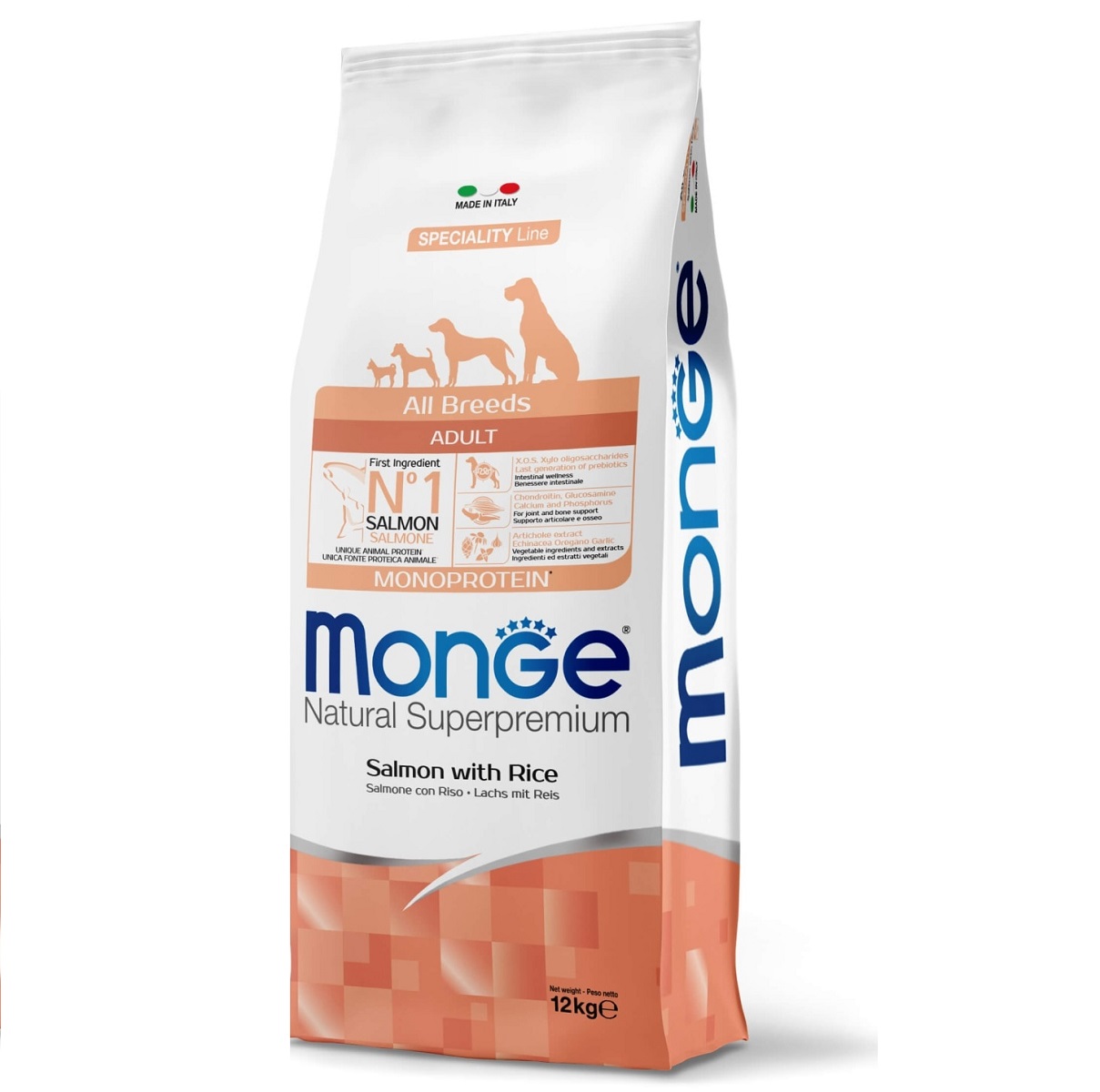 MONGE NATURAL All Breeds Adult, cu Somon si Orez, Hrana Uscata Pentru Caini, Piele Sanatoasa | Blana Stralucitoare 12kg