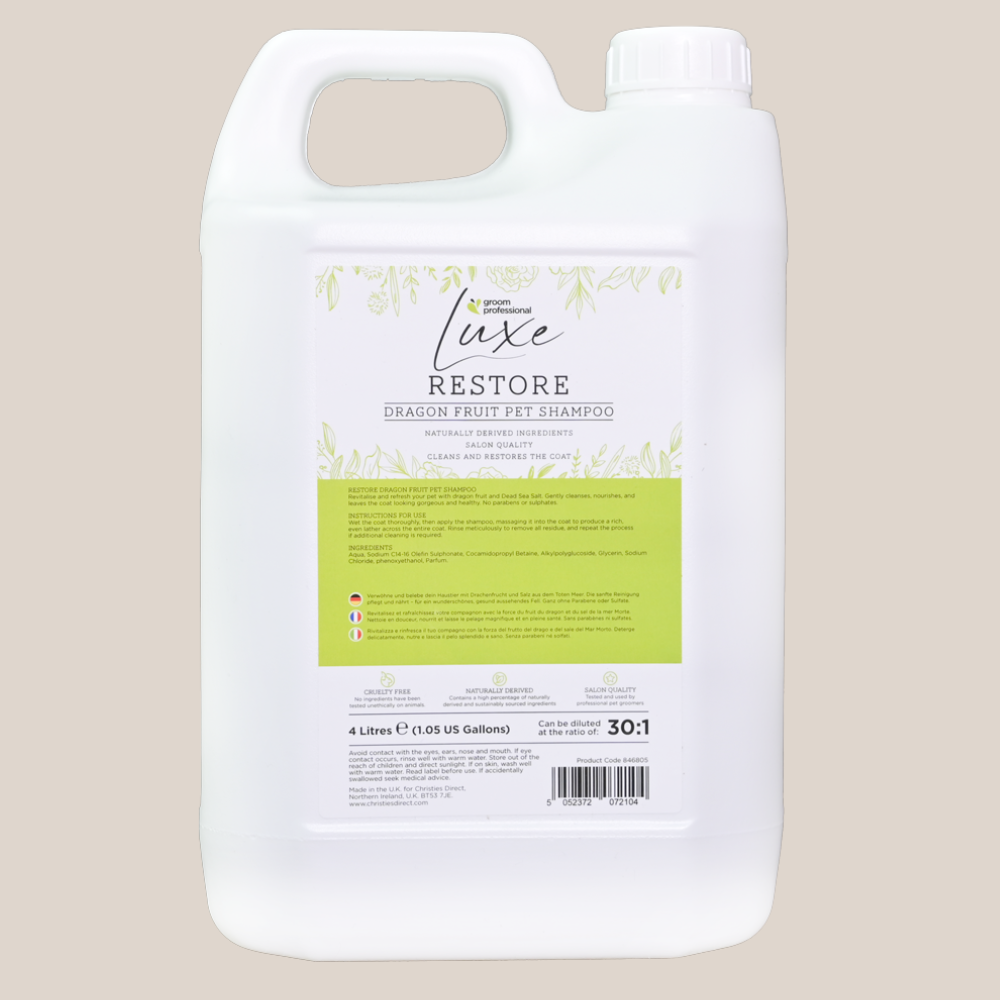 GROOM PROFESSIONAL Luxe Dragon Fruit Restore, 4 L - Sampon Revitalizant, Concentrat 30:1, pentru Caini, cu Blana Deteriorata, cu Fructul Dragonului si Saruri de la Marea Moarta