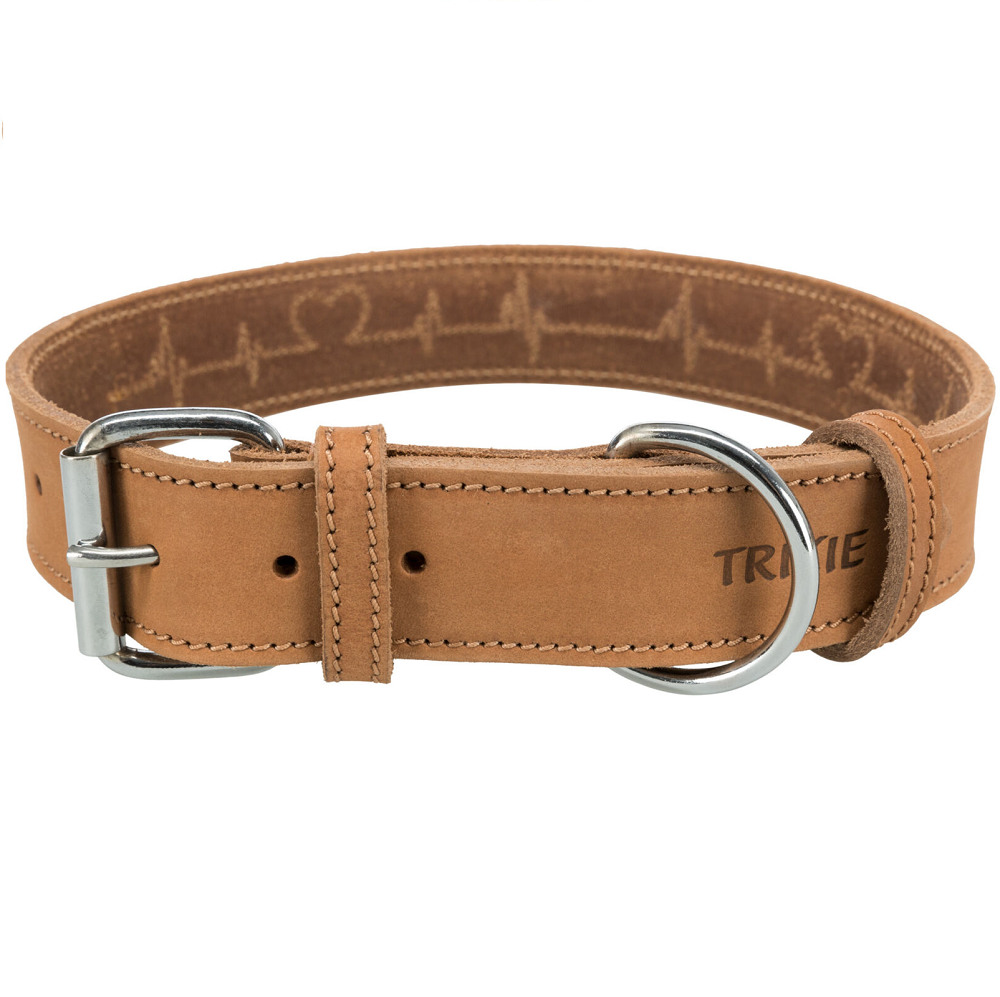 TRIXIE Rustic Heartbeat, Zgarda din Piele Pentru Caini, Reglabila, Maro Natur, Marime L 47-55cm | 40mm