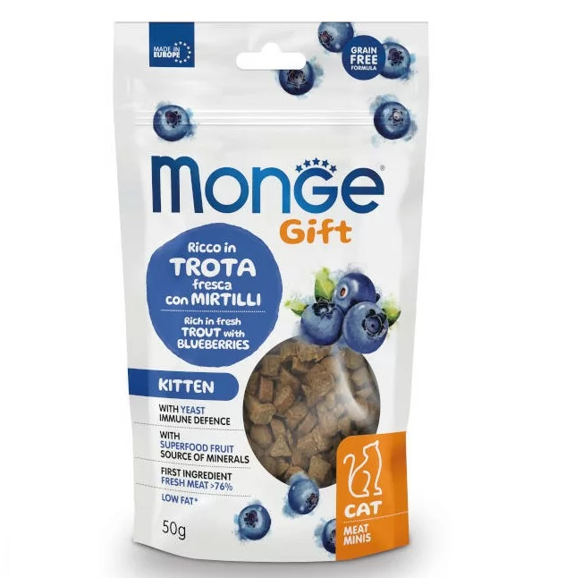 MONGE Gift Kitten, cu Pastrav si Afine, Recompense Pui de Pisica Pentru o Dezvoltare Sanatoasa, 50g