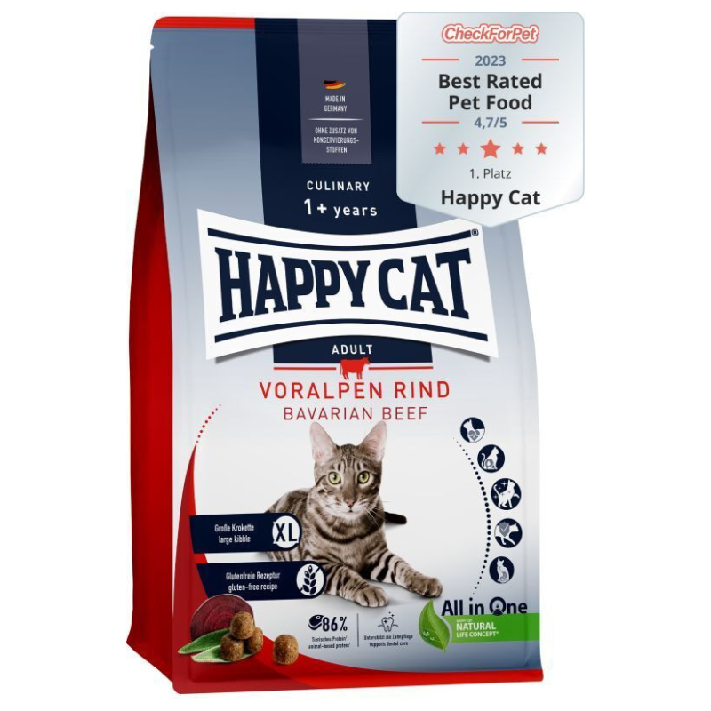 HAPPY CAT Culinary Adult Bavarian Beef cu Vită Bavareză și Sfeclă – Hrană Uscată Premium pentru Pisici Adulte, Crochete Mari pentru Igienă Dentară, 4kg
