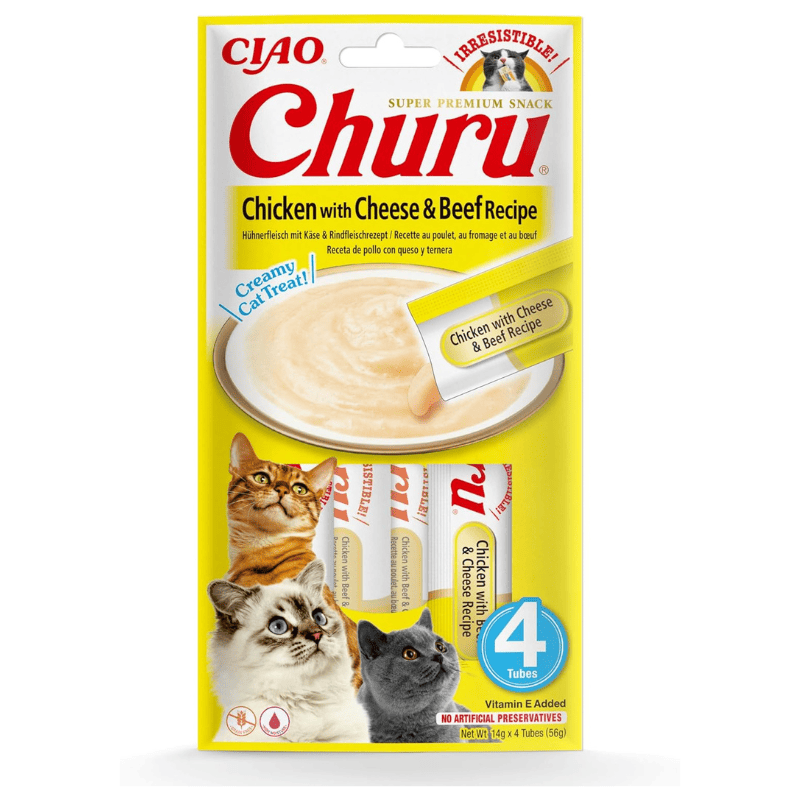 INABA Ciao Churu Creamy Sticks Chicken with Cheese & Beef 4x14 g | Recompense Cremoase fara Cereale pentru Pisici | cu Pui, Branza si Vita | Sanatoase, Hidratante si cu Calorii Putine