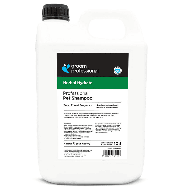 GROOM PROFESSIONAL Herbal Hydrate Shampoo 4 L | Sampon Profesional Concentrat (dilutie 10:1) cu Extracte din Plante pentru Caini | Curatare Delicata, Hidratare si Conditionare