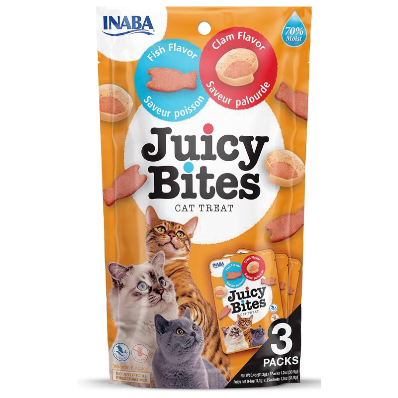 INABA Juicy Bites Fish & Clam 3x11.3 g | Recompense Moi si Suculente pentru Pisici | Pesti si Scoici | Fără Cereale, Naturale, Bogate în Proteine