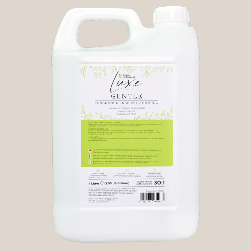 GROOM PROFESSIONAL Luxe Gentle Fragrance Free, 4 Ll - Sampon Delicat Fara Parfum Concentrat 30:1 pentru Caini cu Piele Sensibila sau Probleme Dermatologice