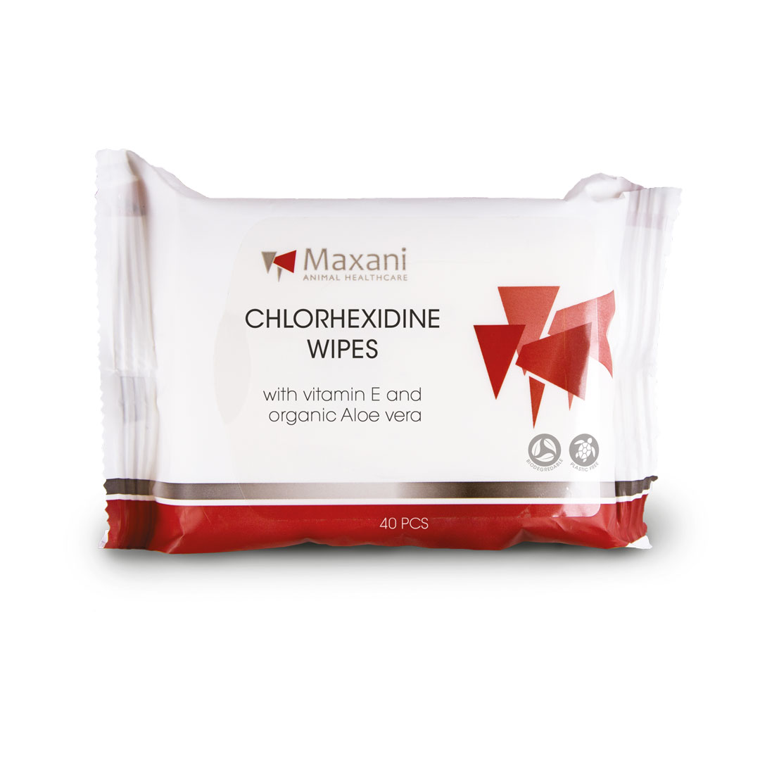 MAXANI Chlorhexidine Wipes cu Vitamina E si Aloe Vera, 40 buc – Servetele Antimicrobiene si Hidratante cu Clorhexidina pentru Ingrijirea Pielii la Caini si Pisici