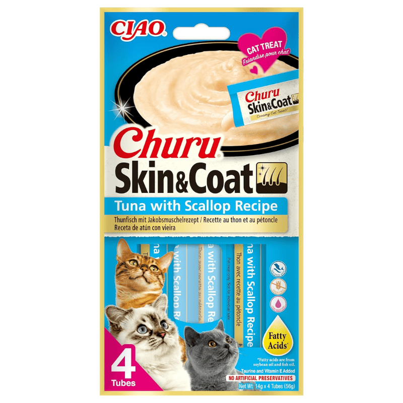 INABA Ciao Churu Skin & Coat Tuna & Scallop 4x14 g | Recompensa Functionala Cremoasa pentru Pisici | cu Ton si Scoici | Formula pentru Piele Sanatoasa si Blana Stralucitoare