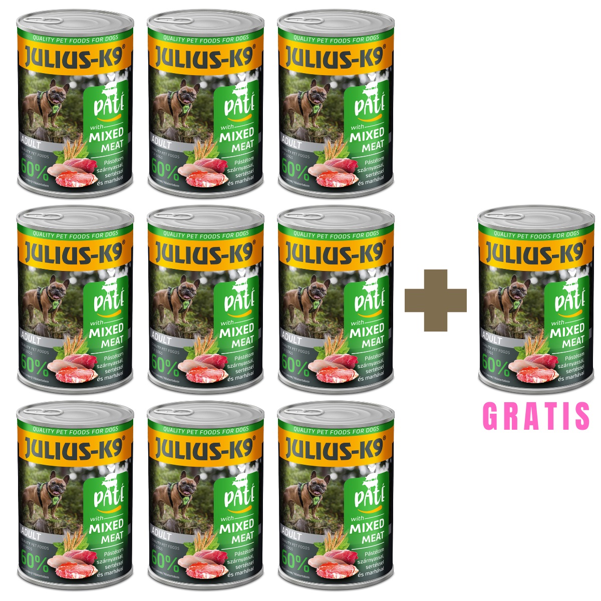 JULIUS K9 DOG, Set 9+1 GRATIS Conserve Hrana Umeda Pentru Caini, Pate cu Mix de Carne, 400g