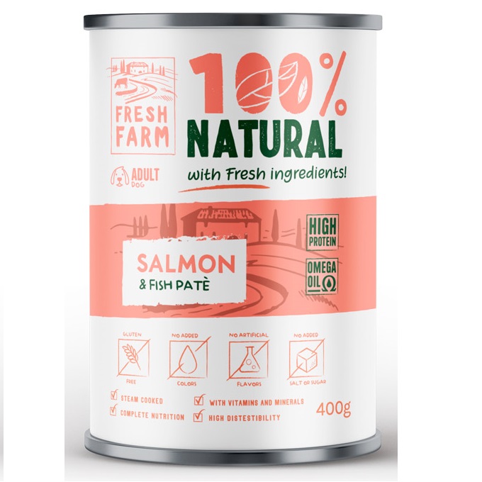 FRESH FARM Smooth Pate cu Somon, Peste si Pui, 400 g - Hrana Umeda Fara Gluten pentru Caini, Reteta Gatita la Aburi cu Textura de Pate Fin