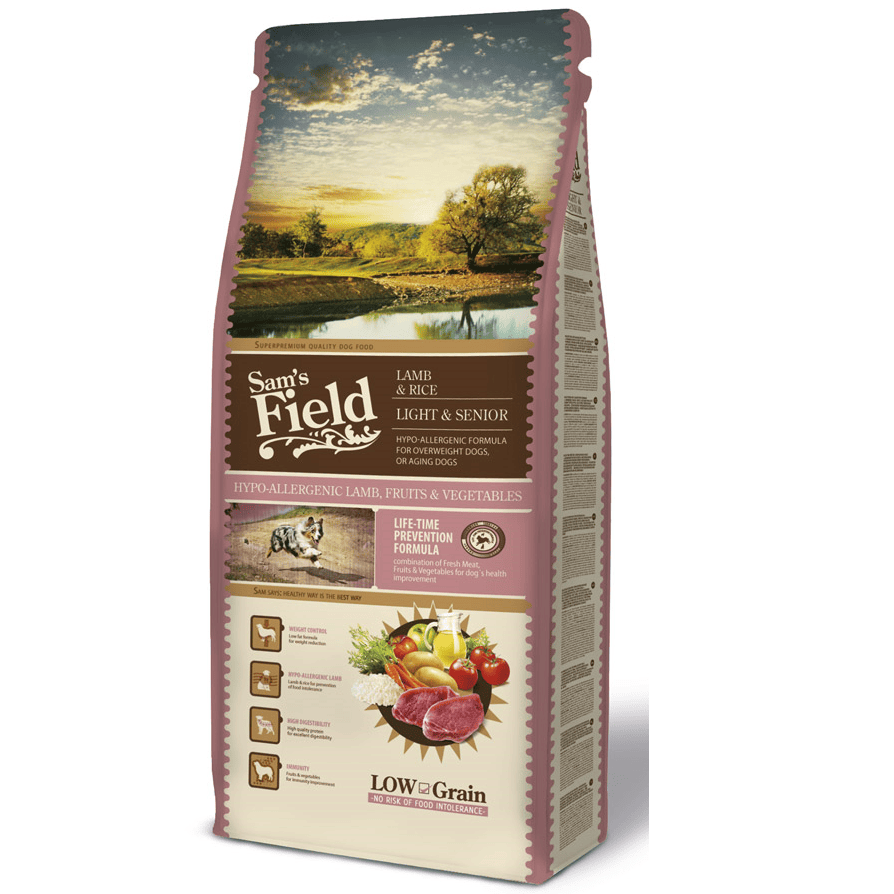SAM'S FIELD Lamb & Rice Light & Senior 13 kg | Hrana Uscata Super-Premium pentru Caini Adulti Supraponderali sau Seniori | Formula Hipoalergenica cu Miel, Orez si Legume | Controlul Greutatii si Suport Articular