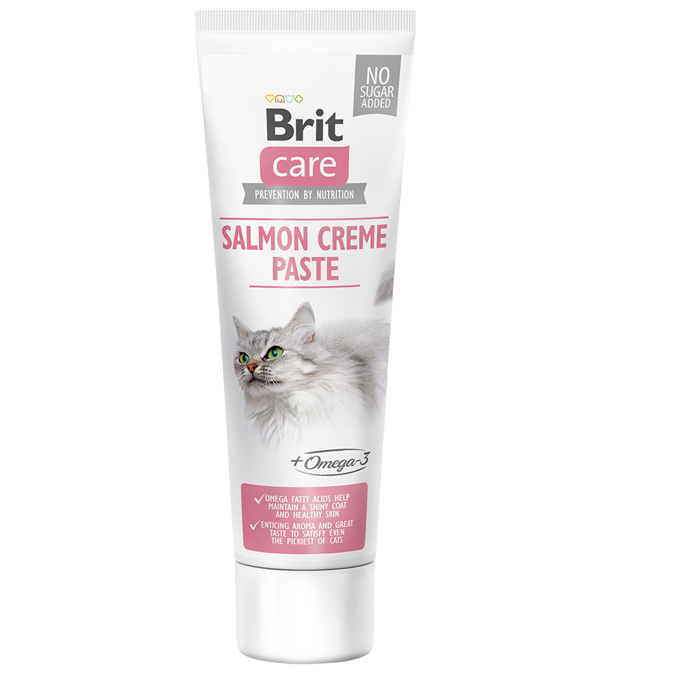 BRIT CARE Salmon Creme Paste, Somon si Omega 3, Recompensa Functionala Pisici, Piele si Blana Sanatoase, Pasta, 100g
