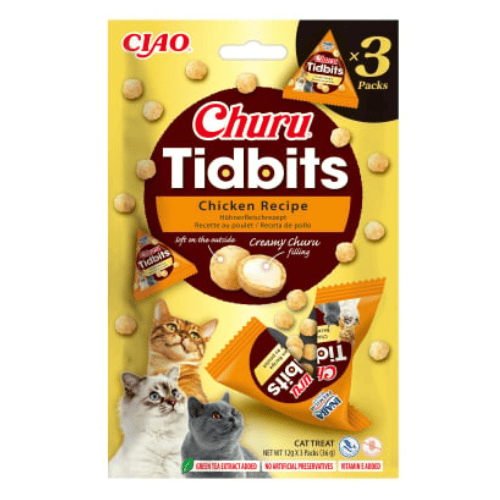 INABA Churu Cat Tidbits Chicken 3x12 g | Recompense pentru Pisici cu Pui | Exterior Fraged si Umplutura Cremoasa