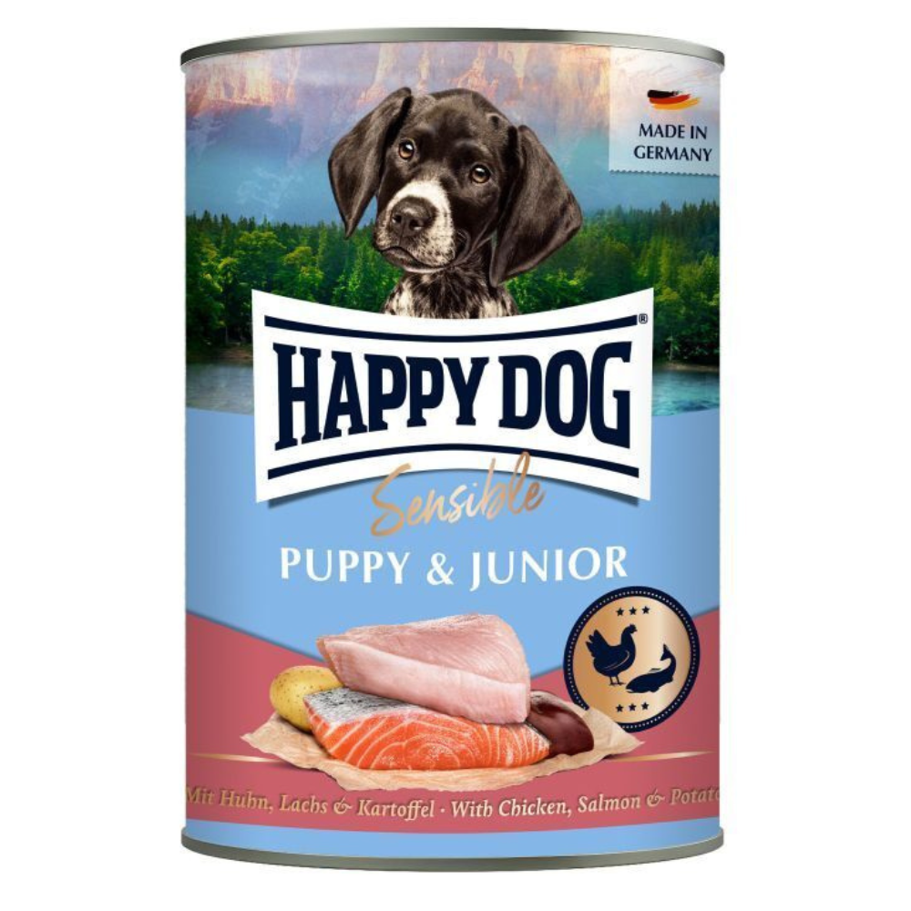 HAPPY DOG Sensible Puppy & Junior, cu Pui, Somon si Cartofi – Conserva Hrană Umedă fara Gluten pentru Căţei Juniori, 400g