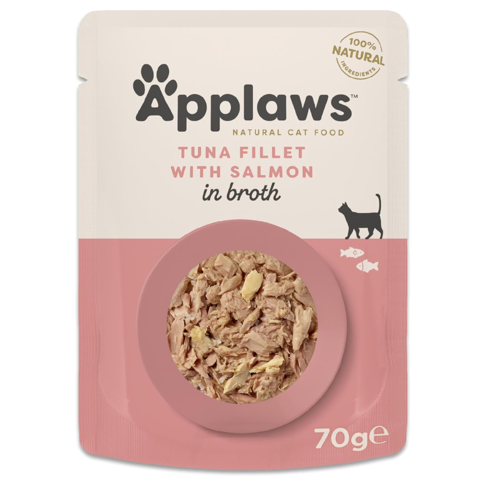 APPLAWS cu Filet de Ton si Somon in Supa Nutritiva 70 g - Plic Hrana Umeda Naturala Complementara pentru Pisici Adulte
