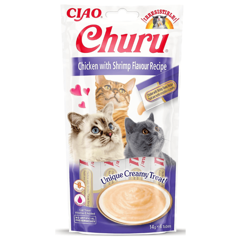 INABA Ciao Churu Creamy Sticks Chicken & Shrimp Recipe 4x14 g | Recompense Cremoase fara Cereale pentru Pisici | cu Pui si Creveti | Sanatoase, Delicioase si cu Calorii Putine