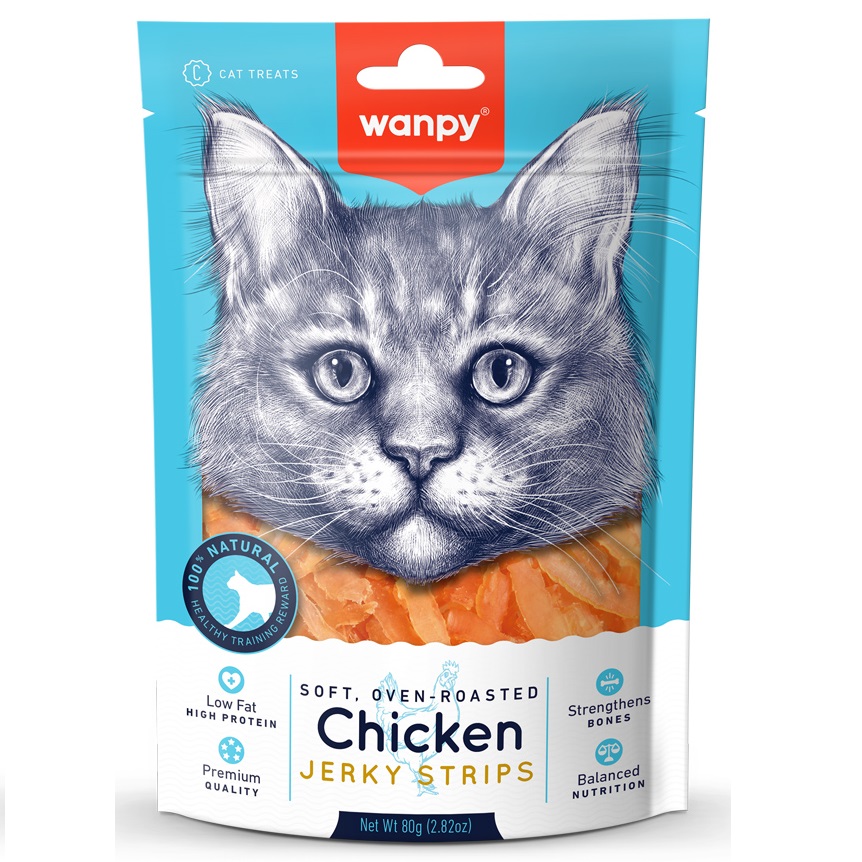 WANPY Soft Jerky Strips cu Pui, 80 g – Recompensă Naturală Moale, Bogată în Proteine, pentru Pisici, Răsfăt Zilnic și Controlul Greutătii