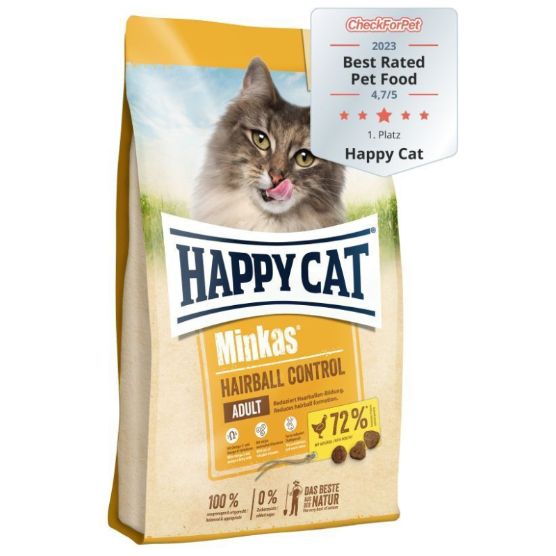 HAPPY CAT Minkas Hairball Control, cu Carne de Pasăre – Hrană Uscată Premium pentru Pisici Adulte, Reducerea Formării Ghemelor de Păr și Digestie Blândă, 10kg