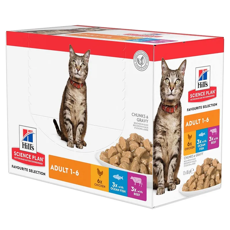 HILL'S Science Plan Feline Adult, cu Pui, Vita si Peste Oceanic, Multipack 12×85 g – Hrană Umedă pentru Pisici Adulte