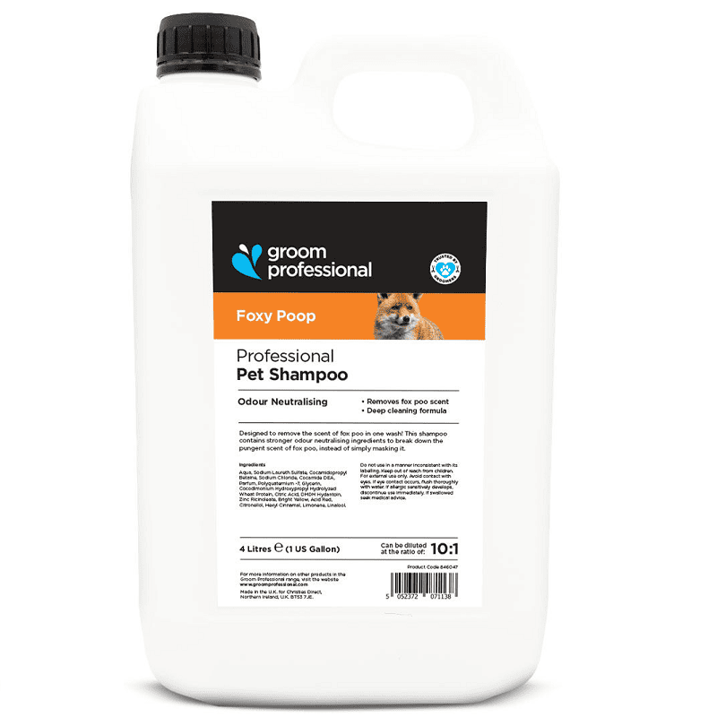 GROOM PROFESSIONAL Foxy Poop Shampoo 4 L | Sampon Profesional Concentrat (dilutie 10:1) pentru Caini | Curatare Profunda, Degresare si Neutralizare Mirosuri Persistente